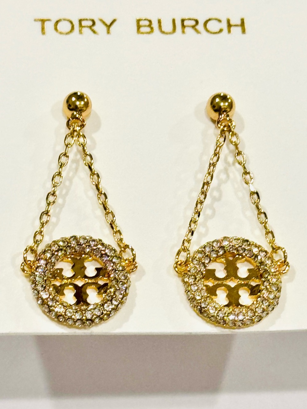 Tory Burch Gold Logo Drop Earrings with Crystal Accents